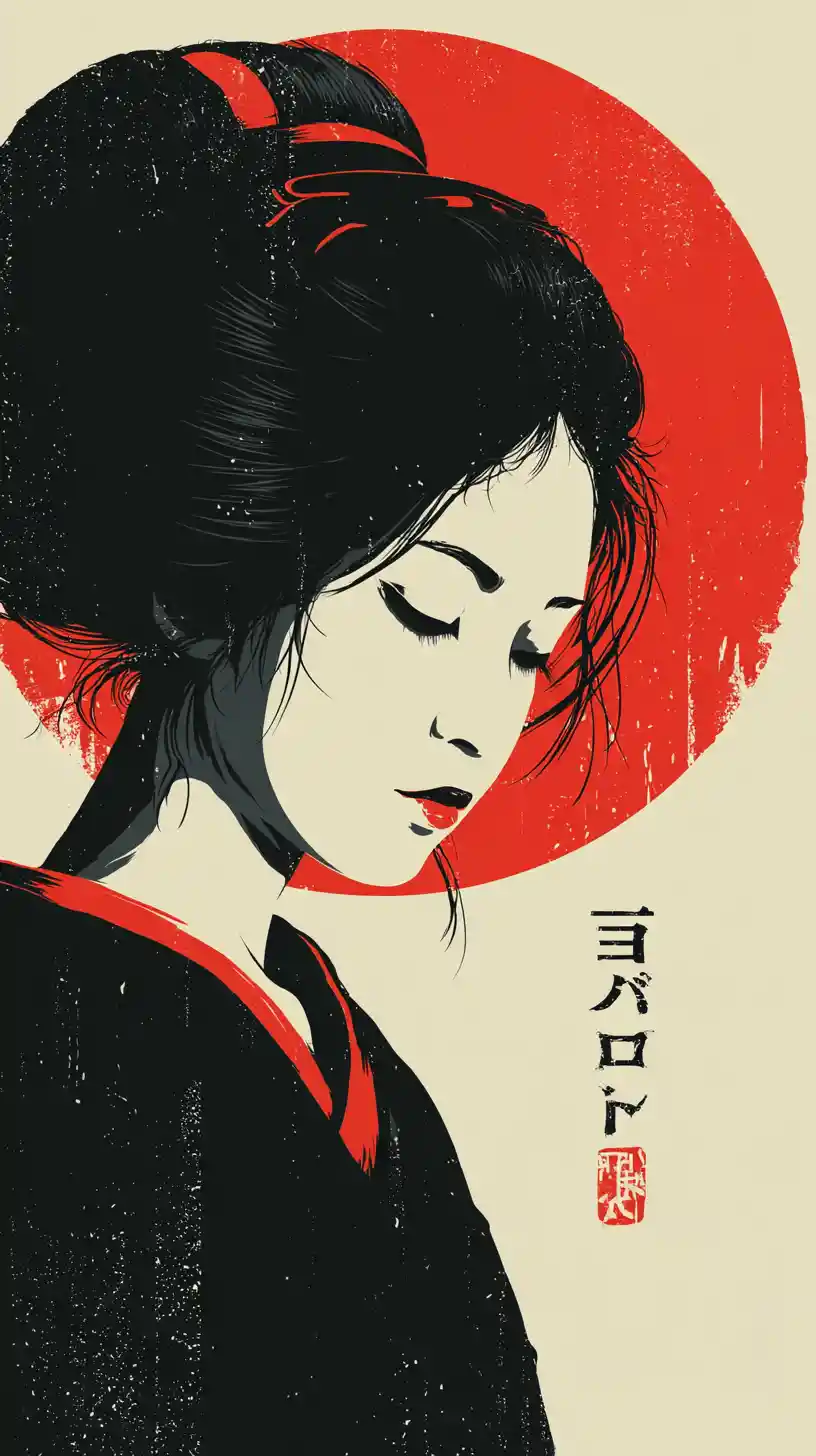 Japanese woman in profile with sun and calligraphy circle