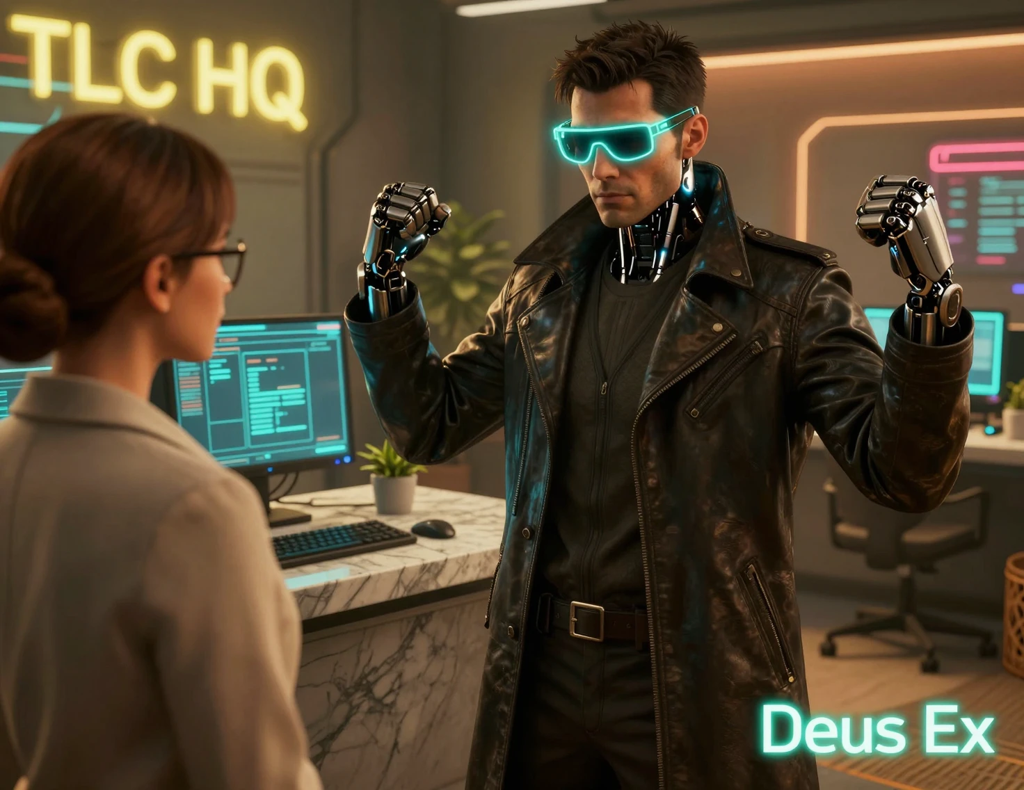 Augmented detective in neon office meeting a liaison