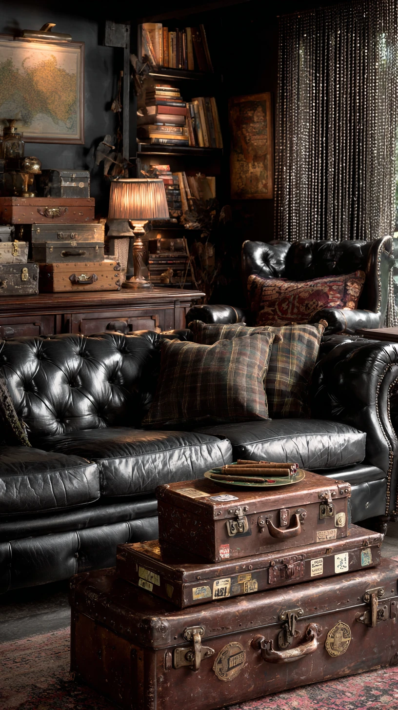 Cozy dark cigar room with vintage suitcases and leather seating