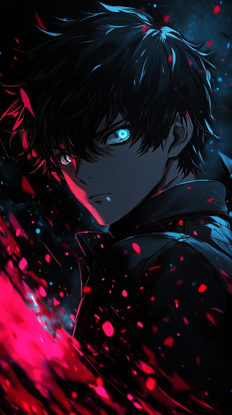 Herói de anime com energia carmesim e olhos azuis penetrantes