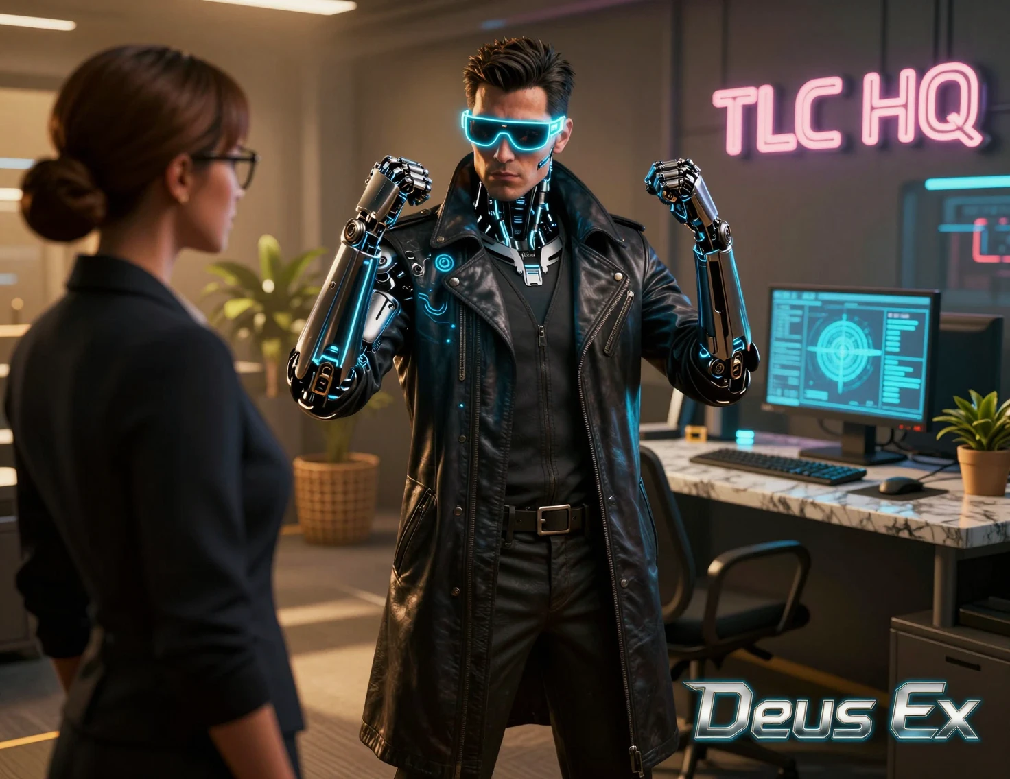 Detective potenziato in ufficio cyberpunk al neon incontra una mediatrice