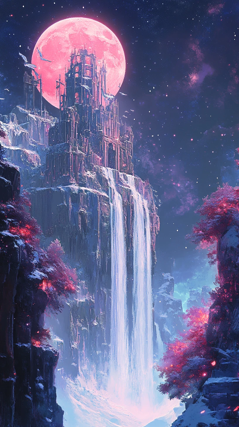 Palais fantastique enneigé avec cascades et arbres en fleurs