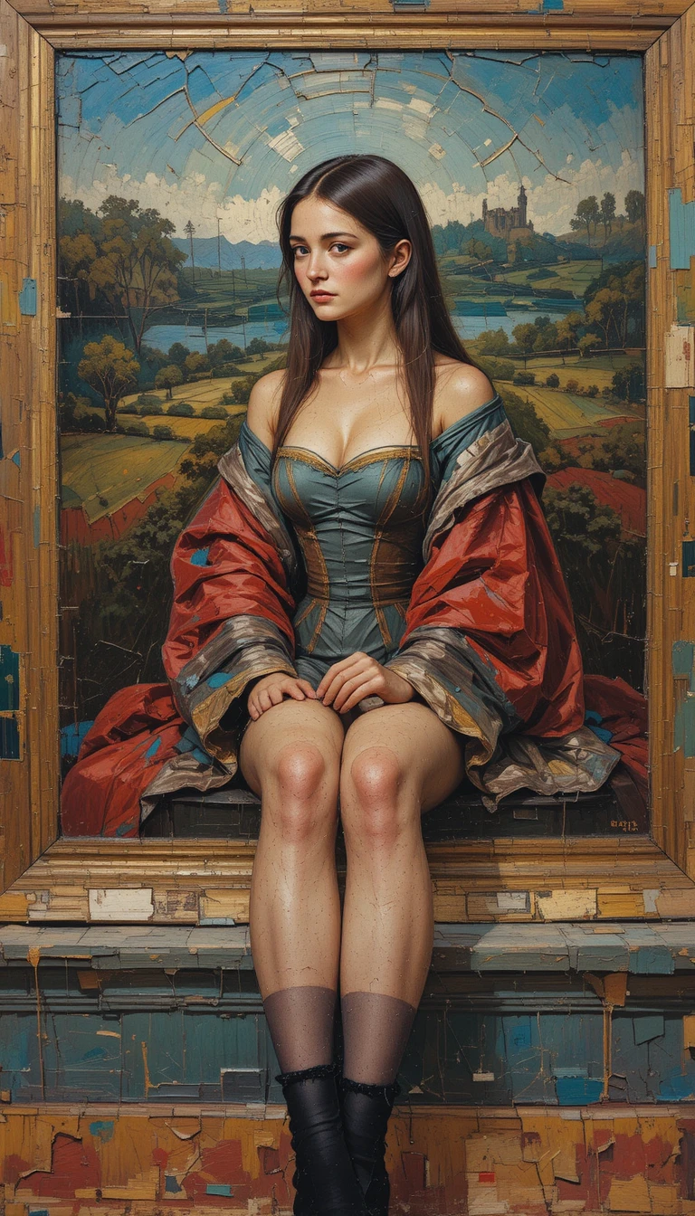 Young woman in stockings before a grand renaissance painting