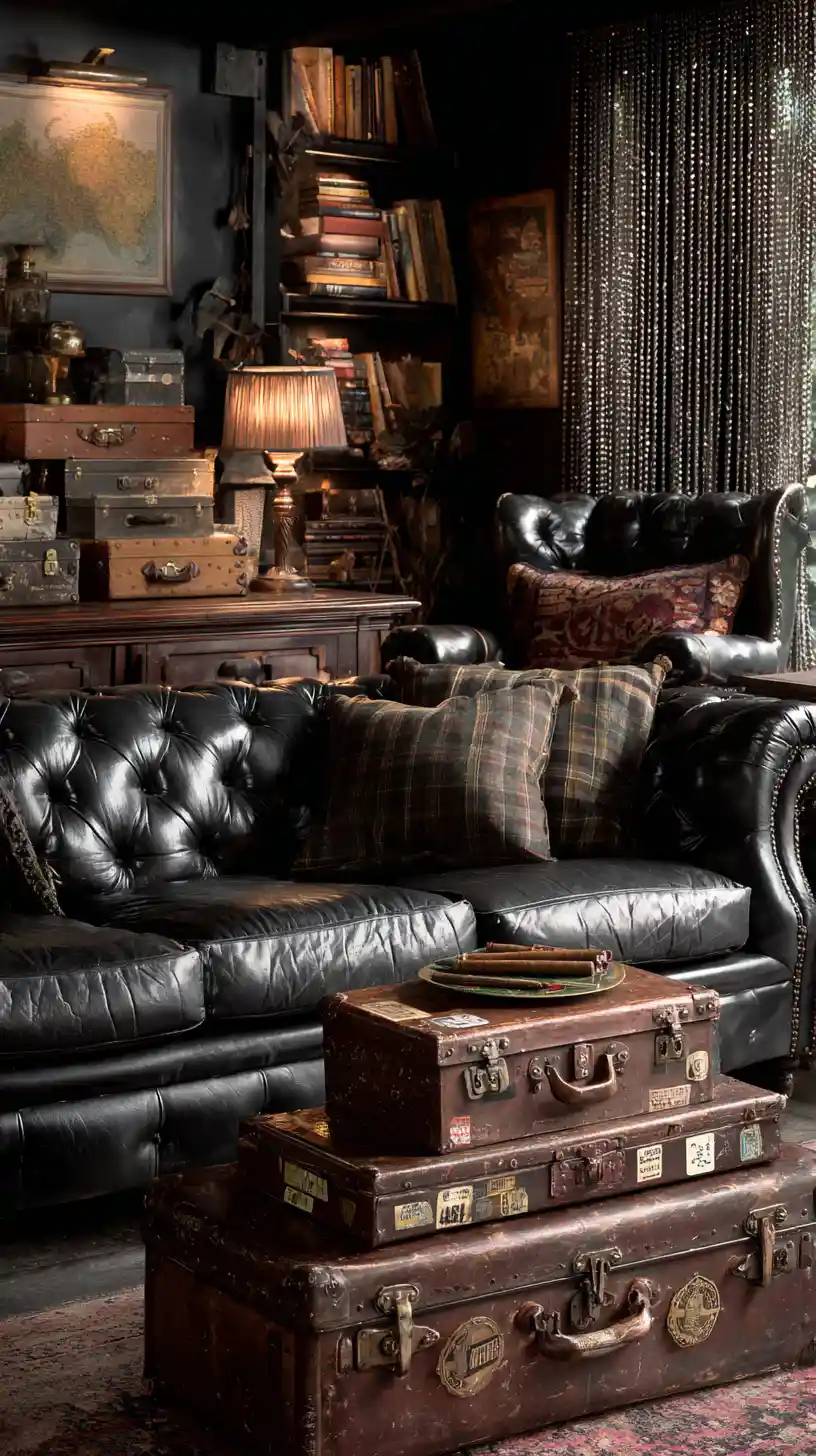 Salle de cigares sombre et chaleureuse avec valises vintage et sièges en cuir