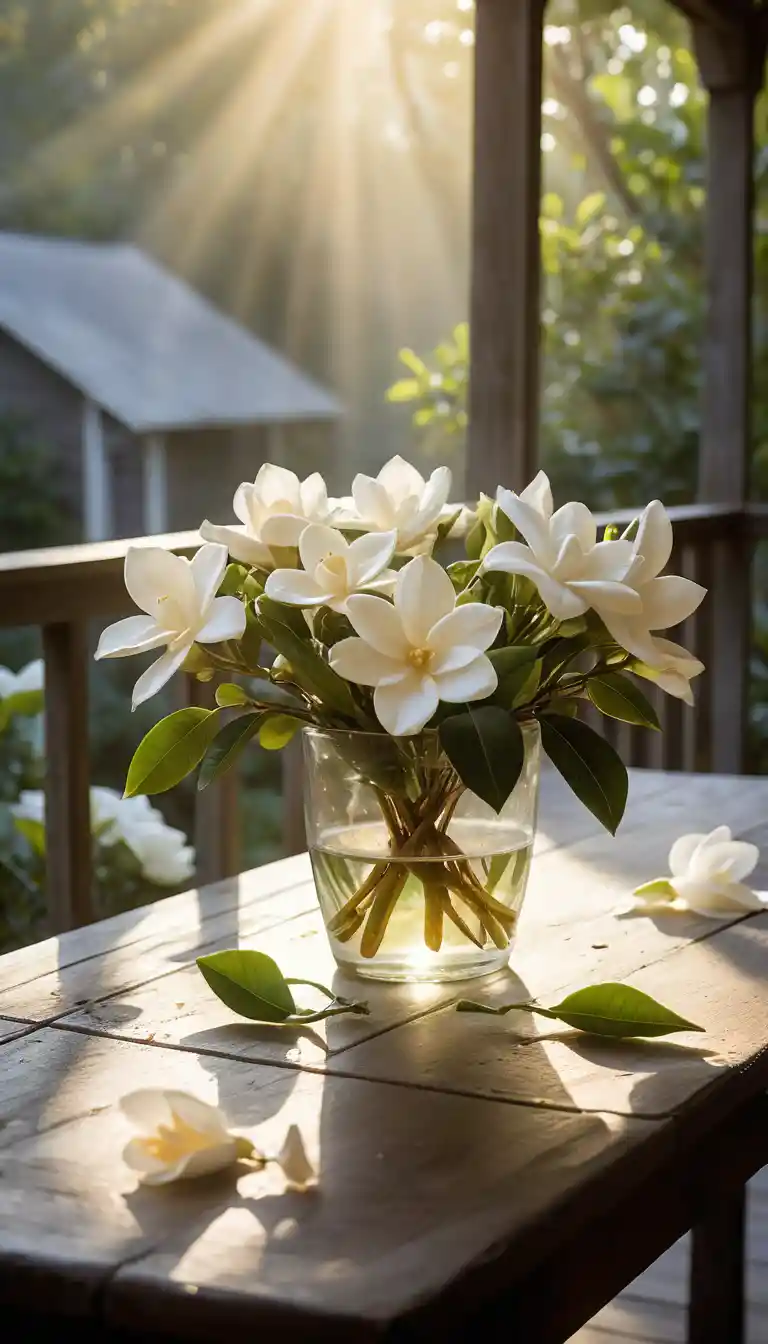 Gardenia Bouquet On Porch Table In Soft Morning Light