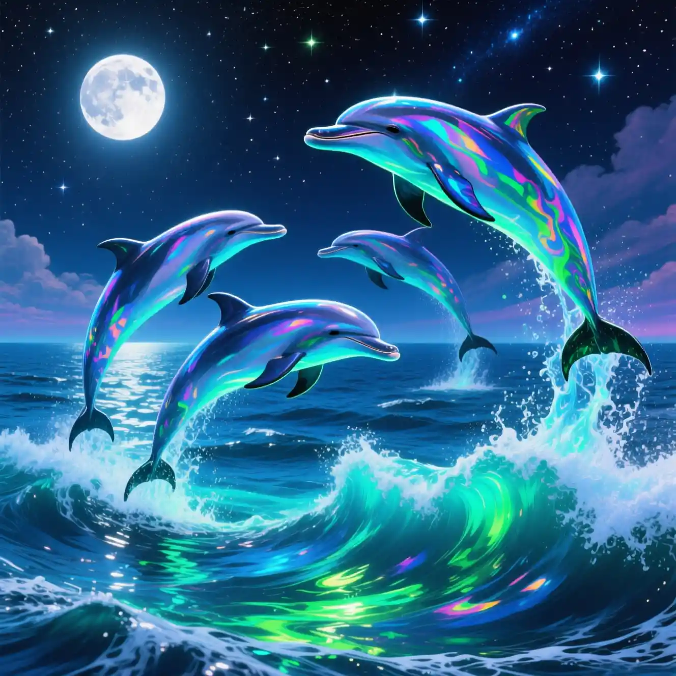 Delfini iridescenti che danzano su un mare luminoso al chiaro di luna