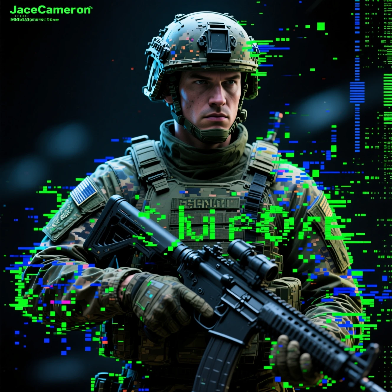 Retrato cinematográfico de soldado em matriz digital neon com efeito glitch