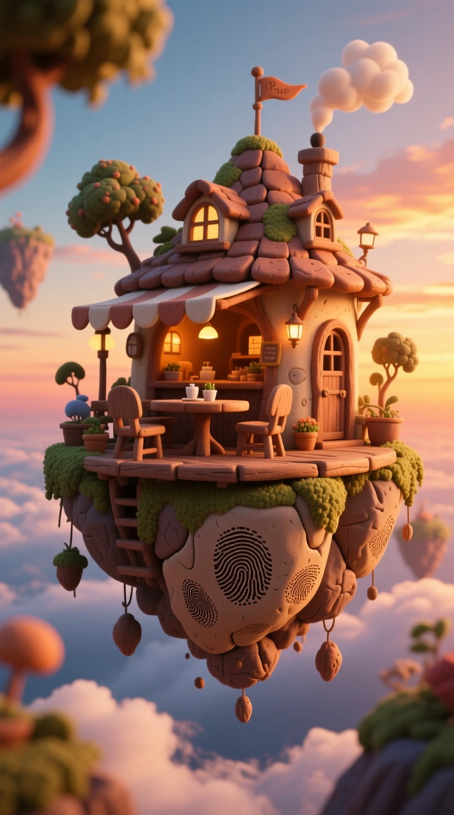 Café sur Île Flottante dans un Ciel Claymation Fantaisiste