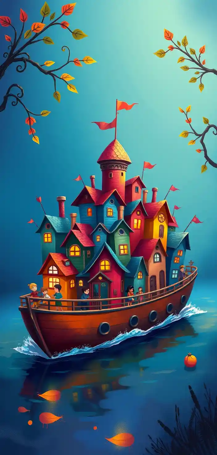 Whimsical village of cabins atop an abstract cruise ship