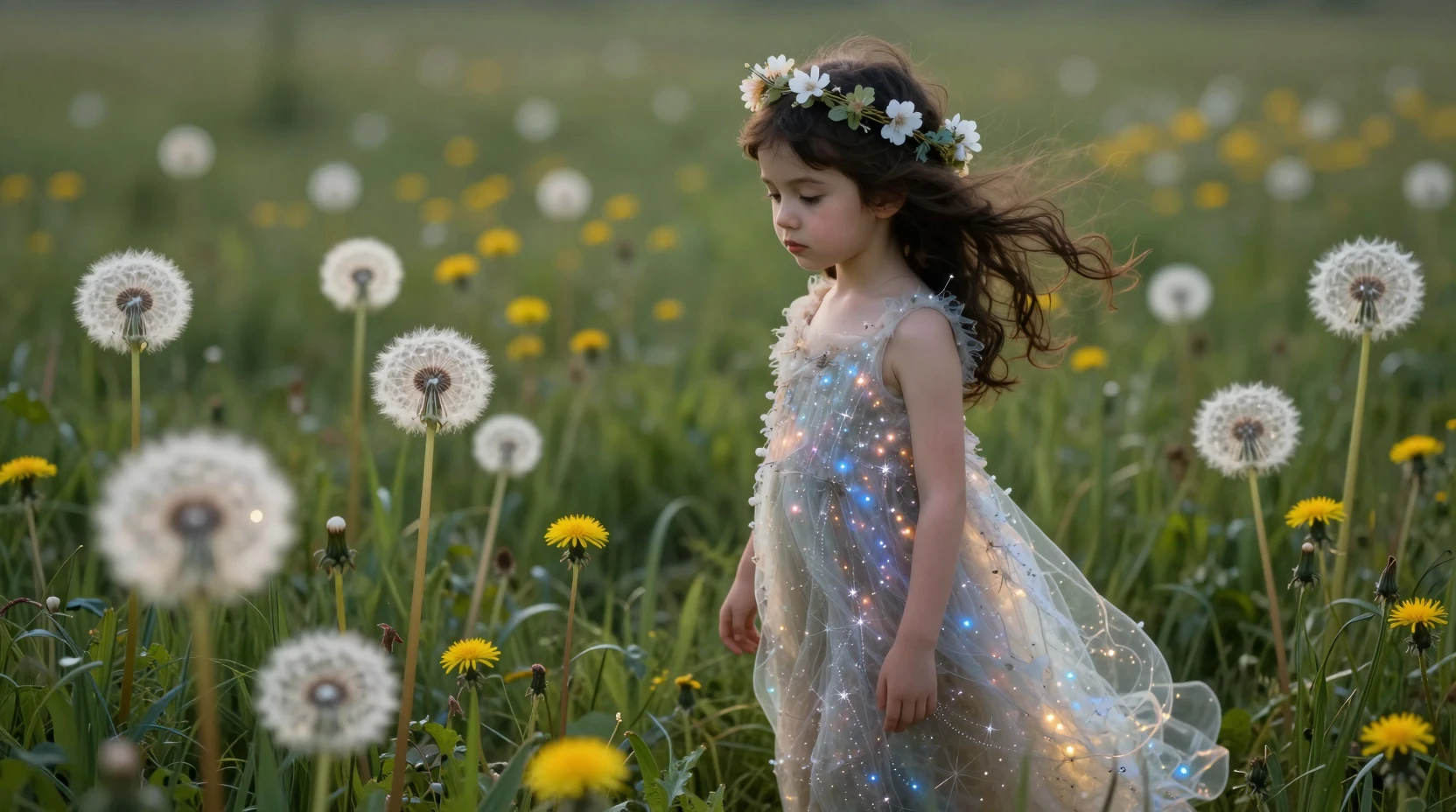 Ragazza fantasy con abito di luce stellare in un prato di soffioni luminosi