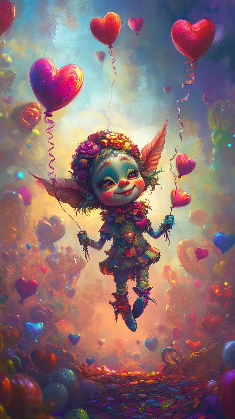 Lutin de la Saint-Valentin fantaisiste dans un paysage de rêve pastel surréaliste