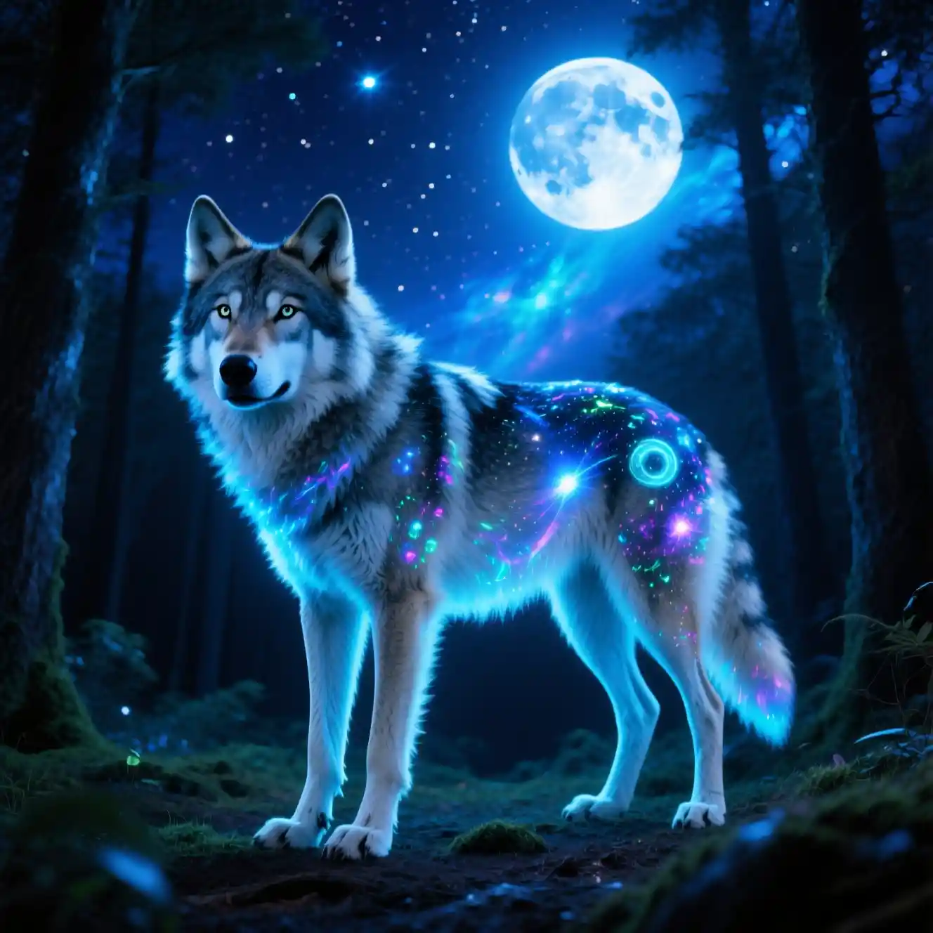 Lupo bioluminescente che ulula alla luna nella foresta oscura