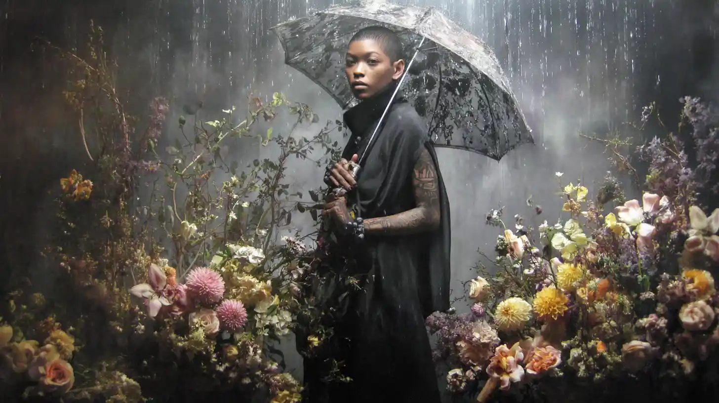 Androgynous woman with umbrella standing in surreal rainy scene