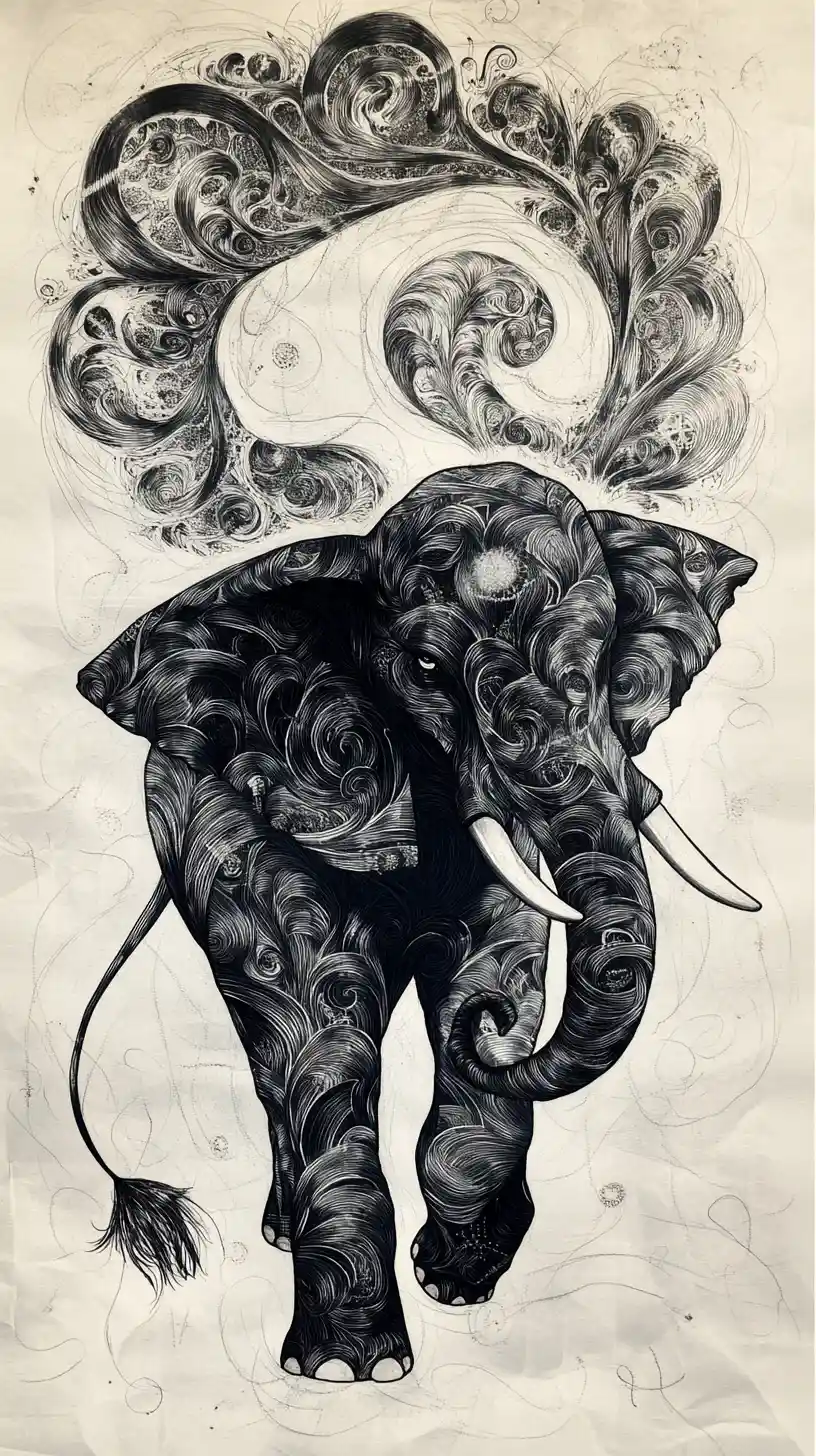 Silhouette Mistica di Elefante con Motivi Yin Yang a Inchiostro