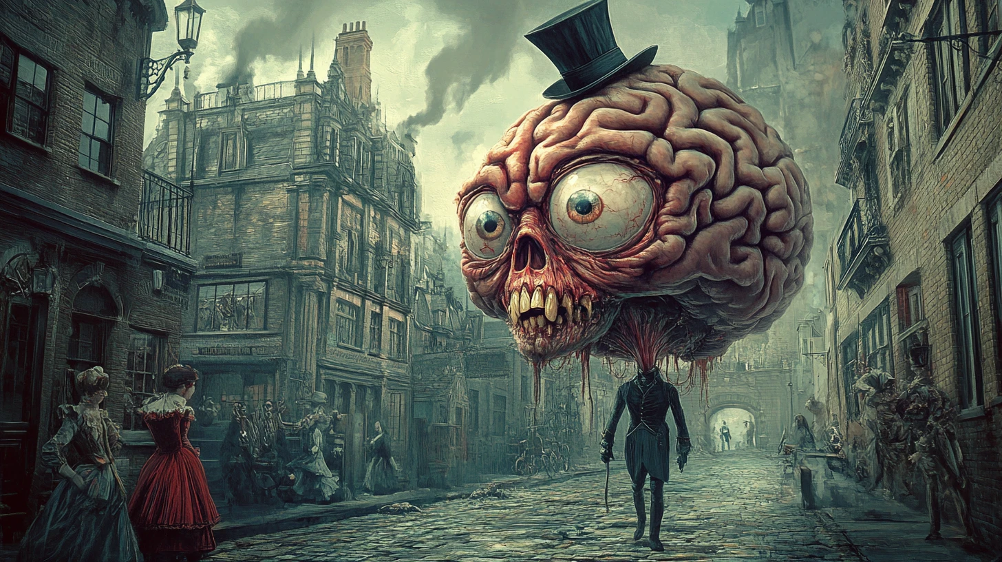 Gigantic One Eyed Brain Tipping A Top Hat In London Alley