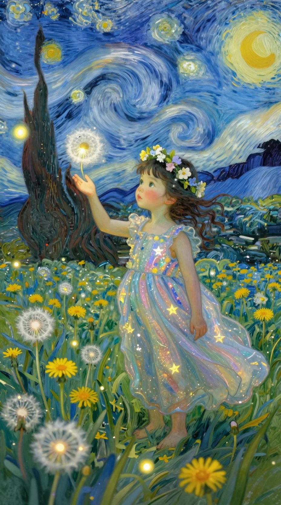 Ragazzina sognante in abito stellato che gioca con lucciole luminose
