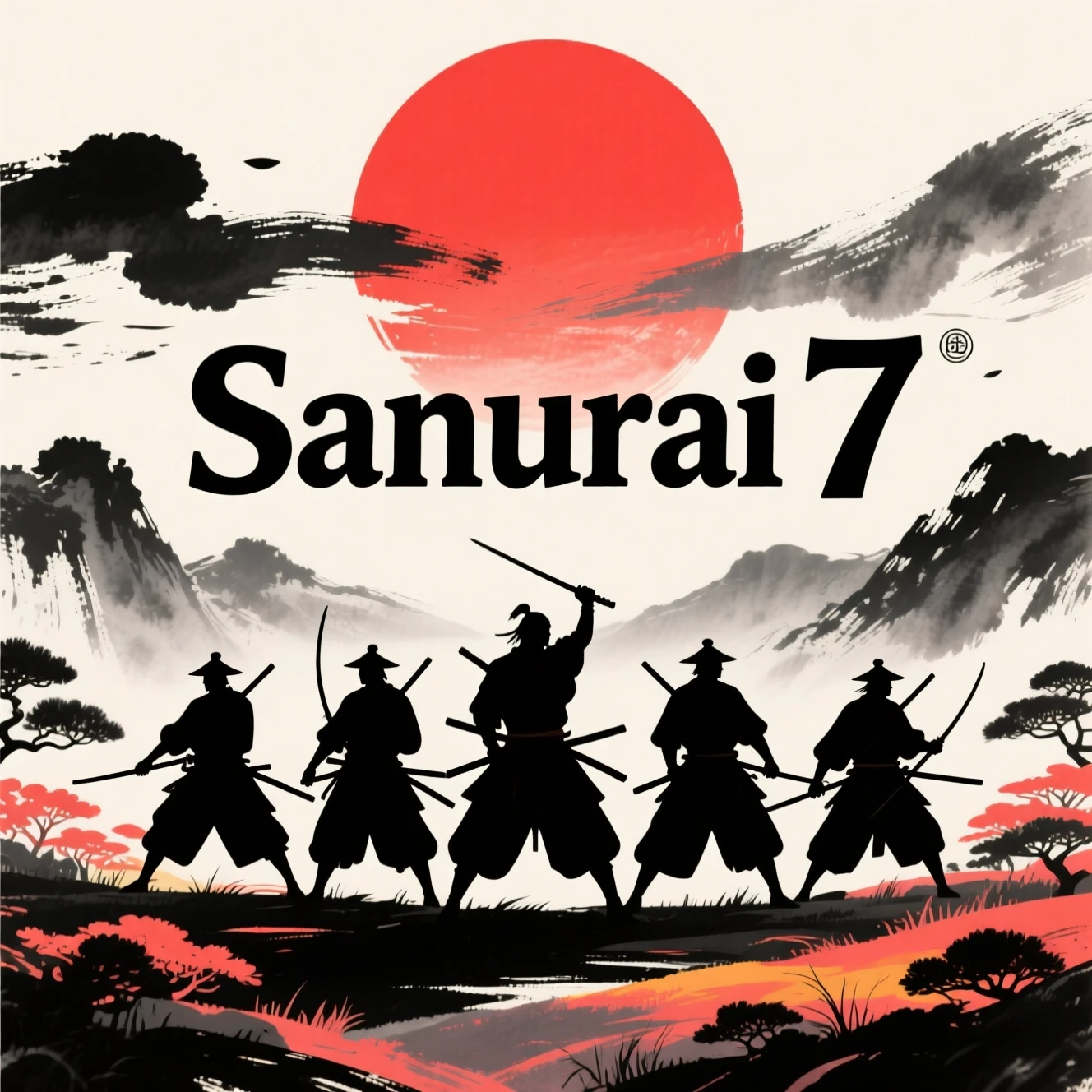 Silhuetas minimalistas de samurais sob um grande sol carmesim