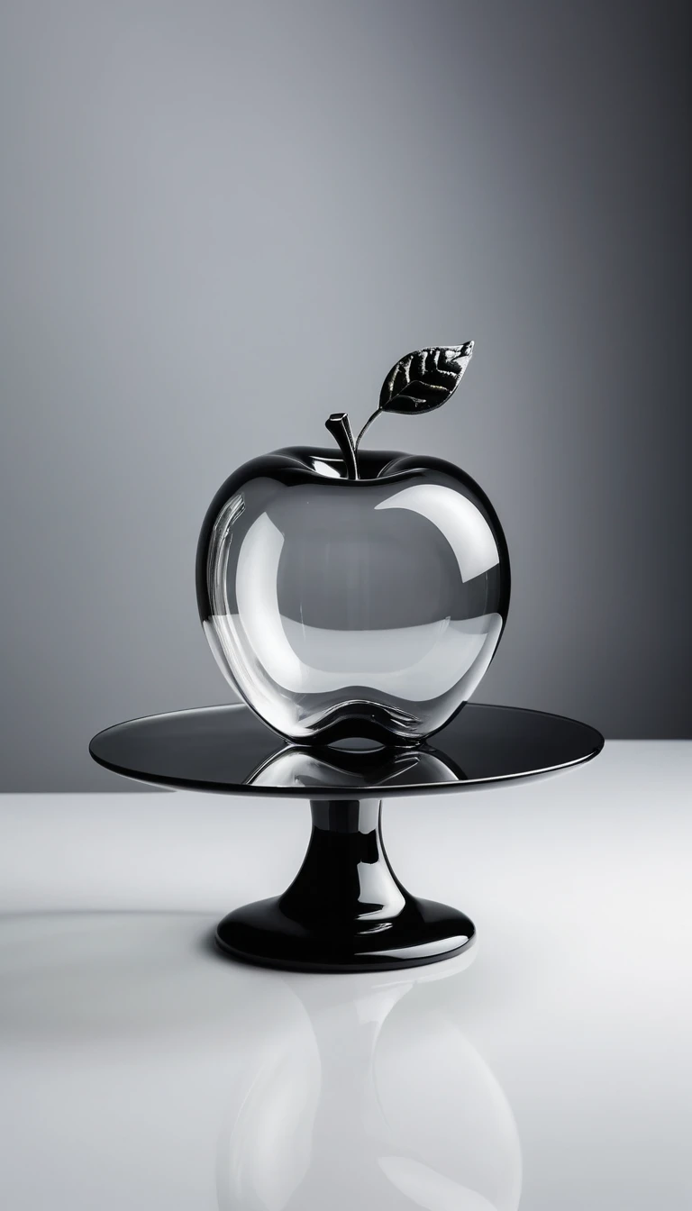 Pomme en verre transparente sur support noir avec fond sombre