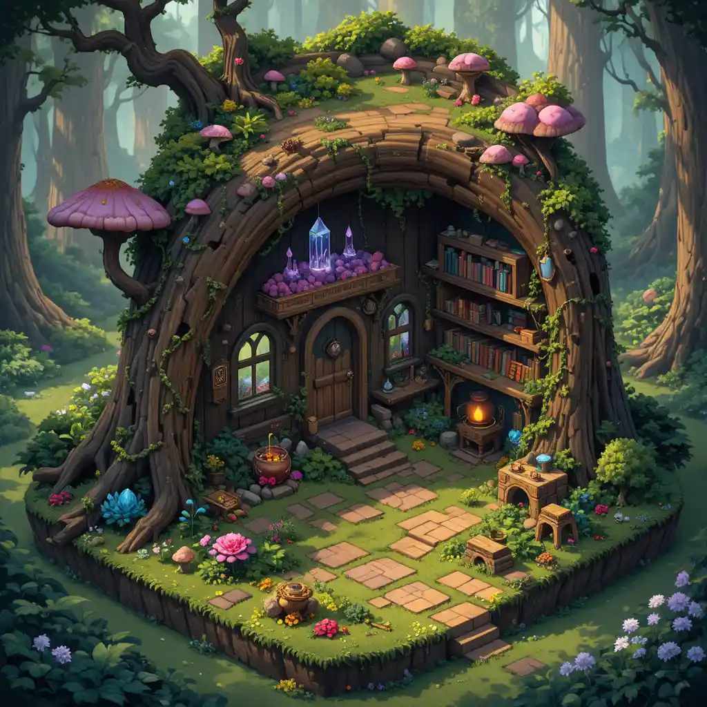 Cozy pixel art treehouse in an enchanted forest clearing