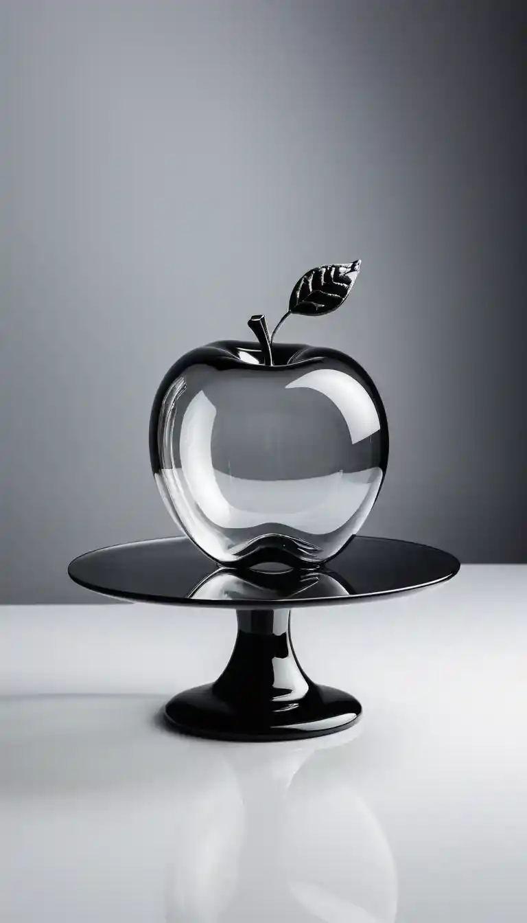 Transparent glass apple on black stand with dark background