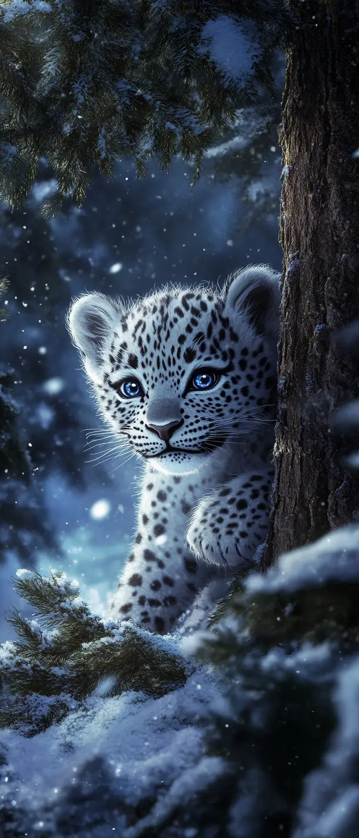 Dolce cucciolo di leopardo in stile anime che gioca nella foresta invernale