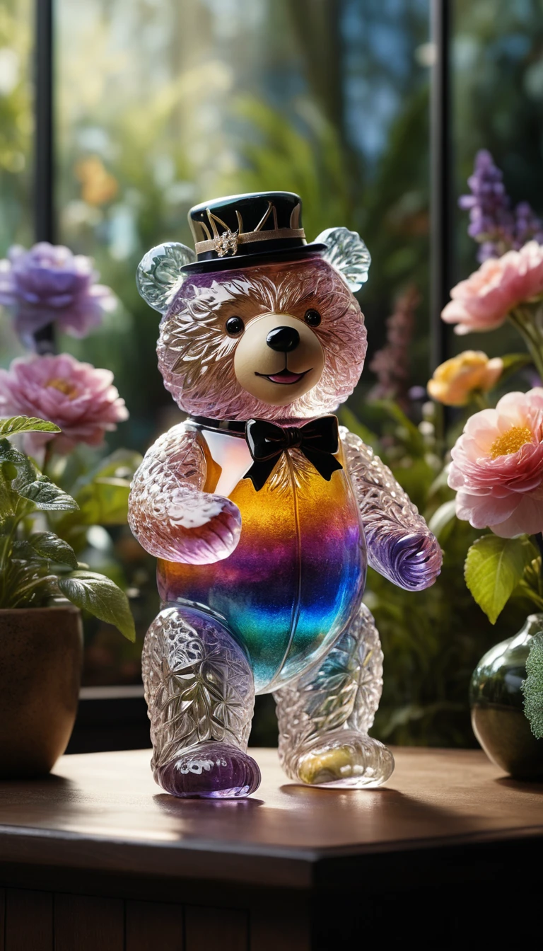 Crystal glass teddy bear striding through a luminous garden
