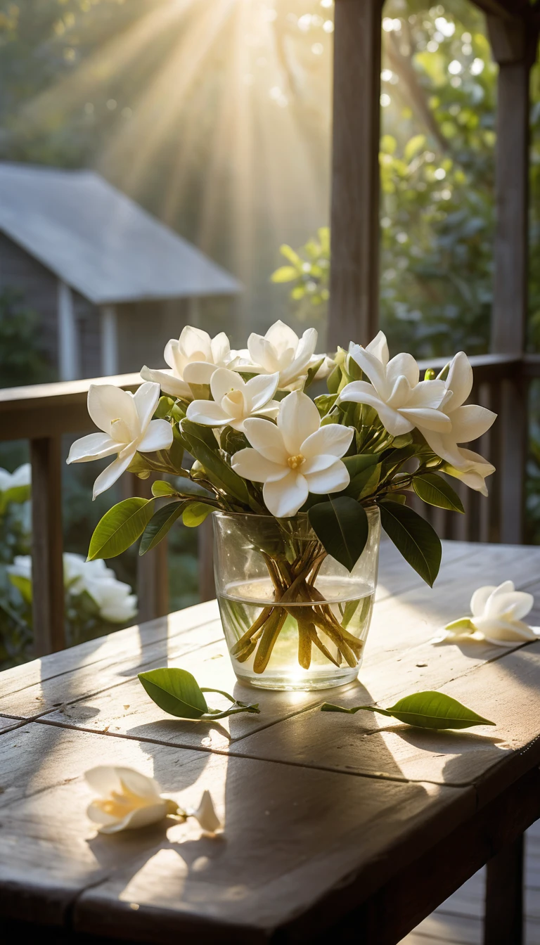 Gardenienstrauß auf Verandatisch im sanften Morgenlicht