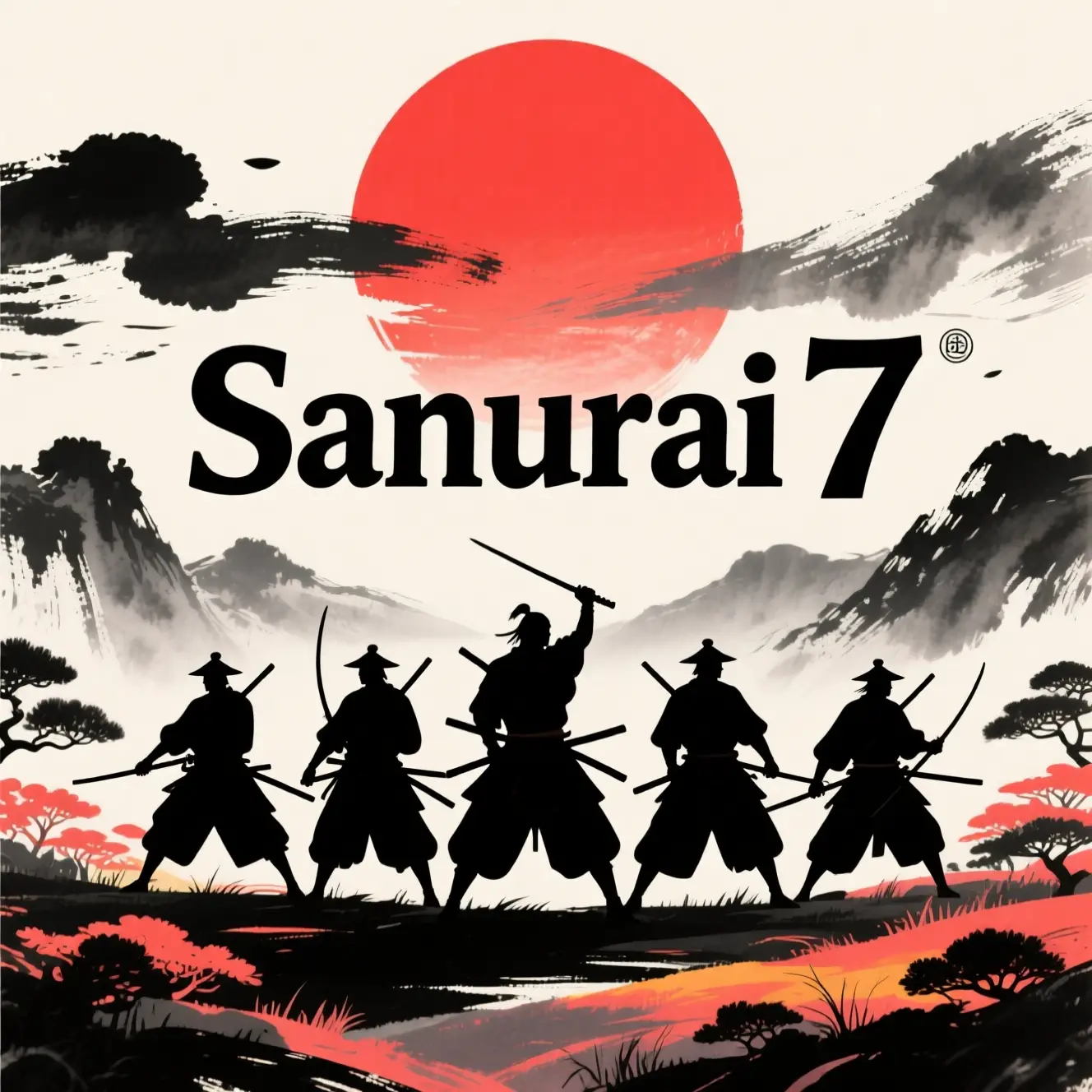 Minimalistische Samurai-Silhouetten unter einer großen purpurroten Sonne