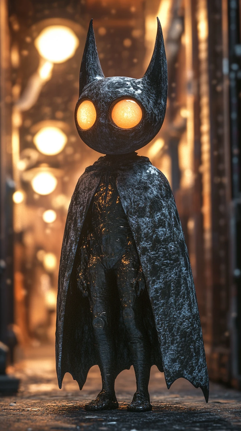 Criatura surreal humanoide de morcego em cena sombria e luminosa