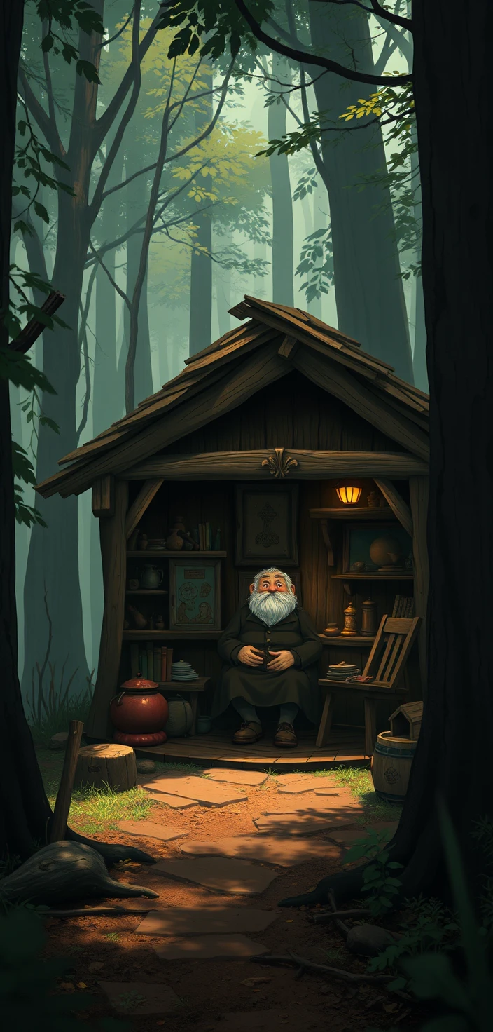 Senhor idoso em uma cabana na floresta com fundo preto