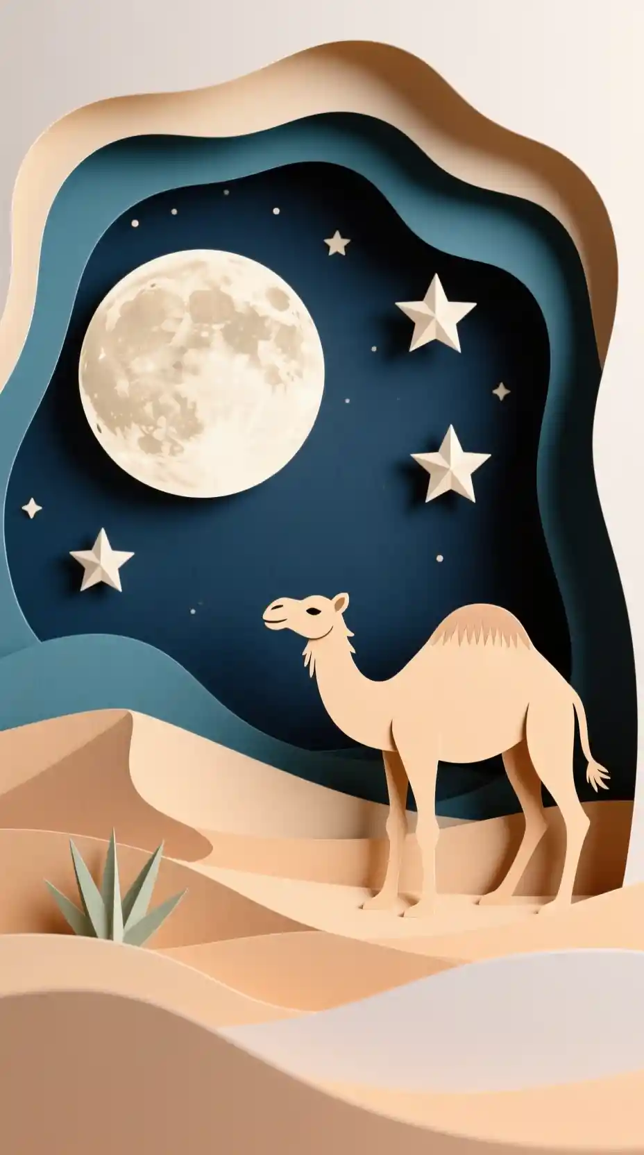 Layered paper cut desert with camels under a moonlit sky