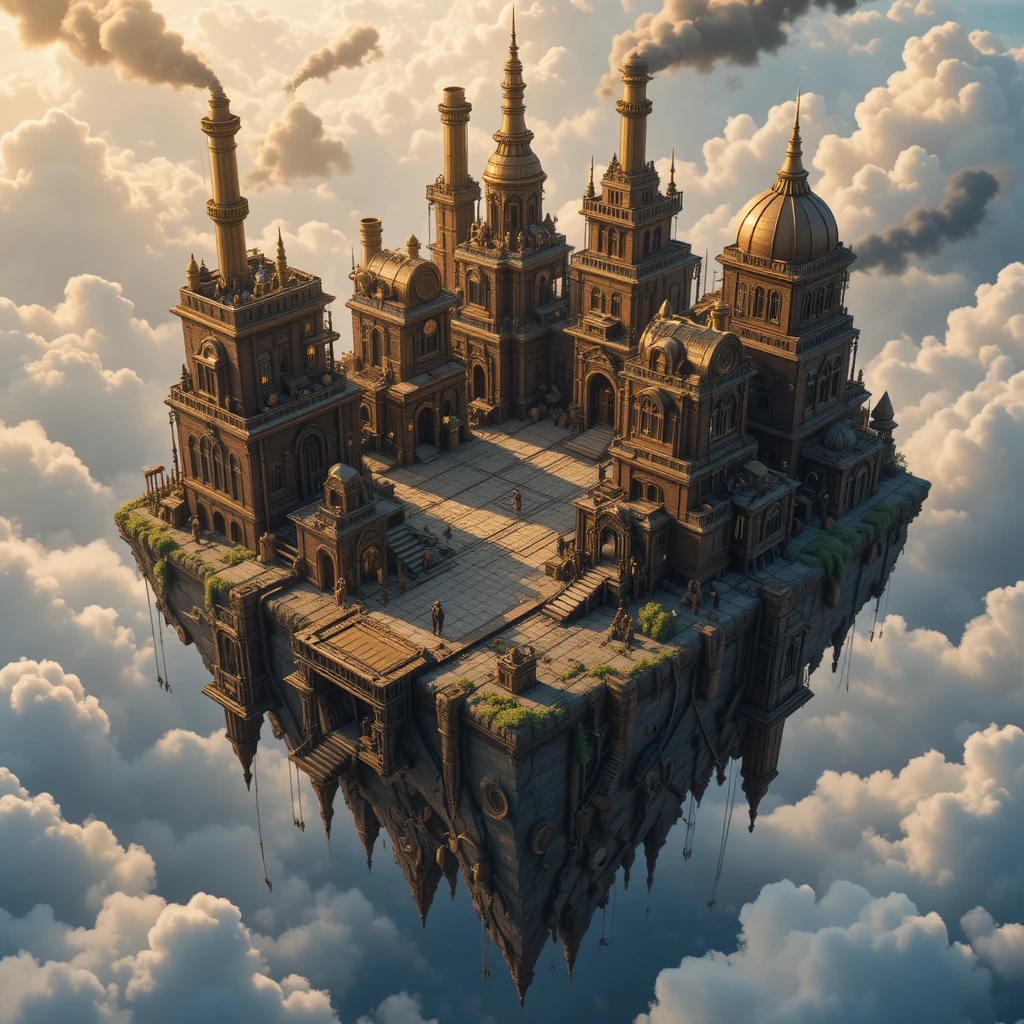 Cidade steampunk em ilha flutuante com doca de dirigíveis ao pôr do sol