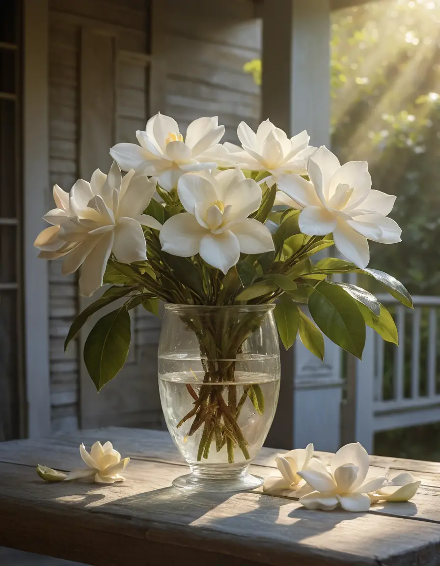 Gardenia bouquet on porch table in misty morning light