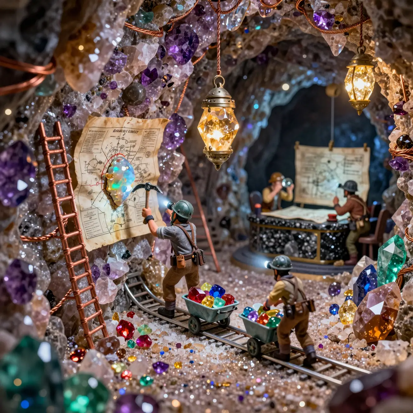 Winzige Bergleute erkunden ein funkelndes Edelstein-Höhlen-Diorama