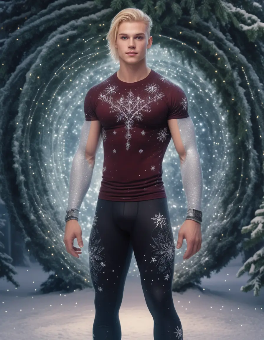Blond ice skater in rhinestone leggings by christmas tree