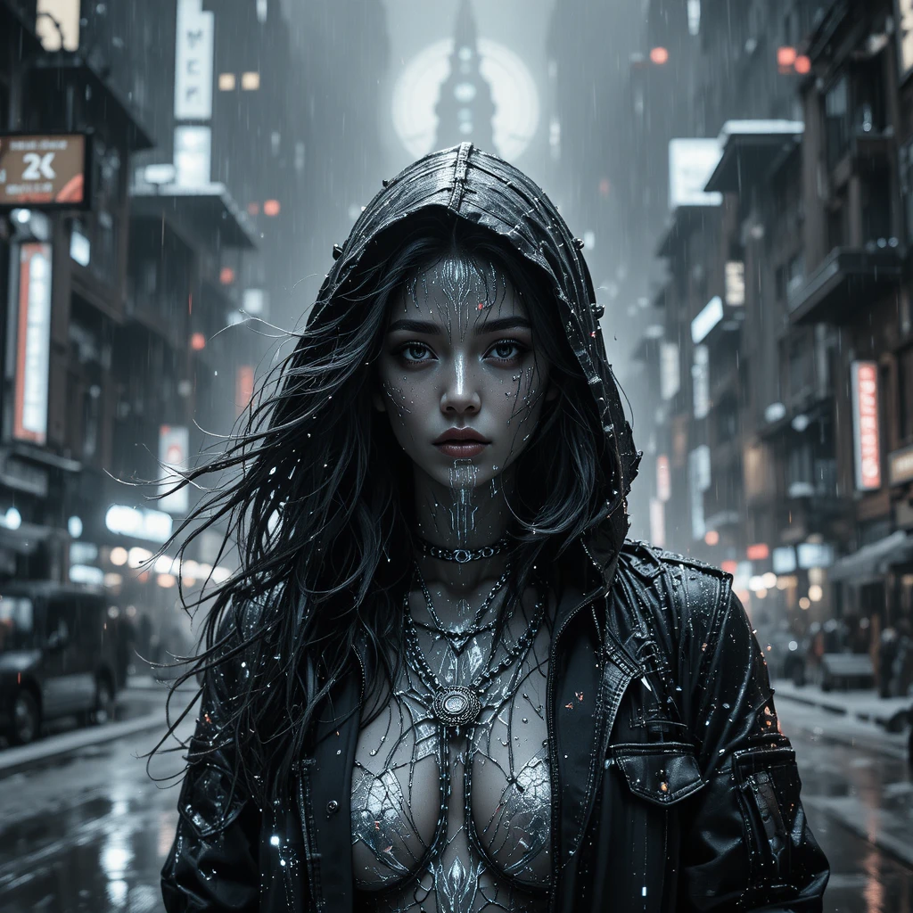 Surreal glitch woman merging with serene digital rain