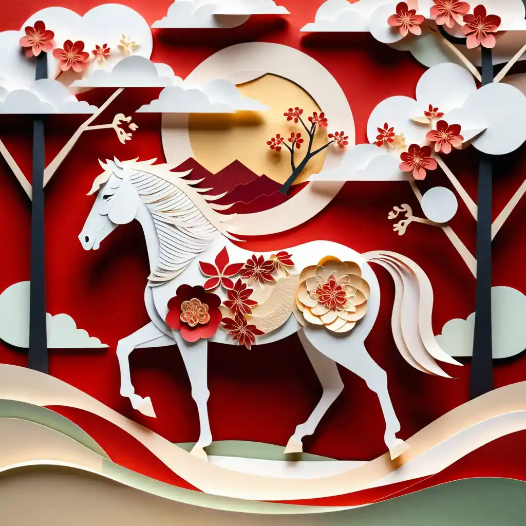 Elegante cavallo in carta ritagliata per benedizioni di Capodanno cinese