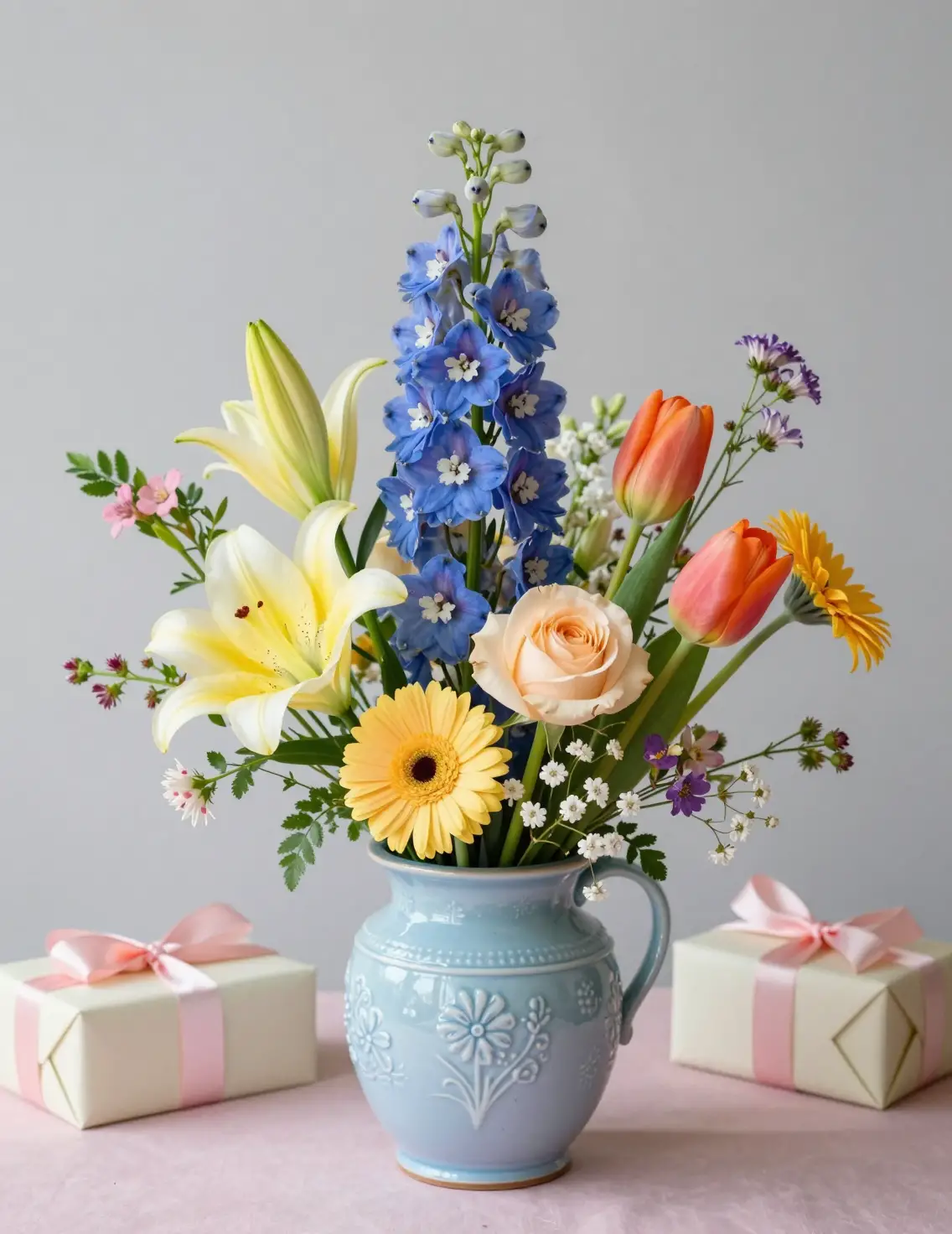 Botões florais em vaso azul com caixas de presente ao lado