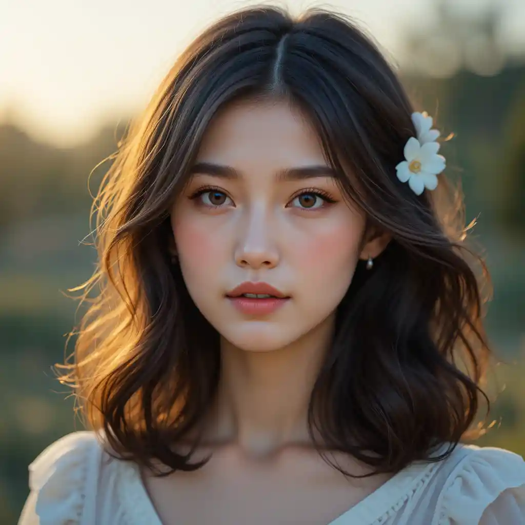 Young woman close up portrait with warm golden hour light