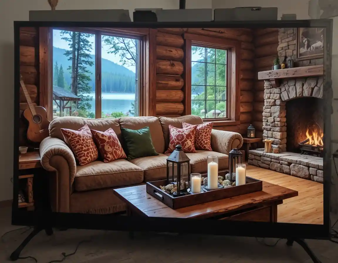 Cozy rustic cabin living room with lake view windows