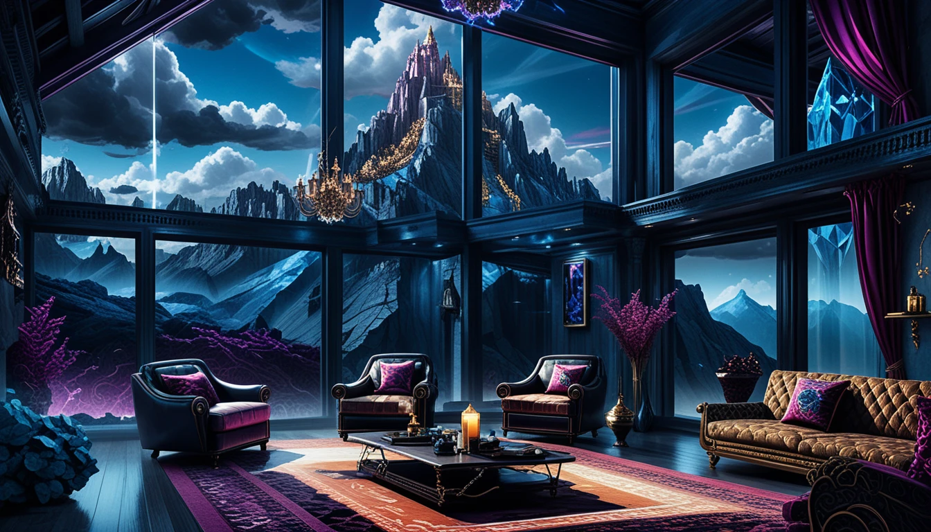 Isometrisches dunkles Holzinterieur mit Fenster und Bergblick