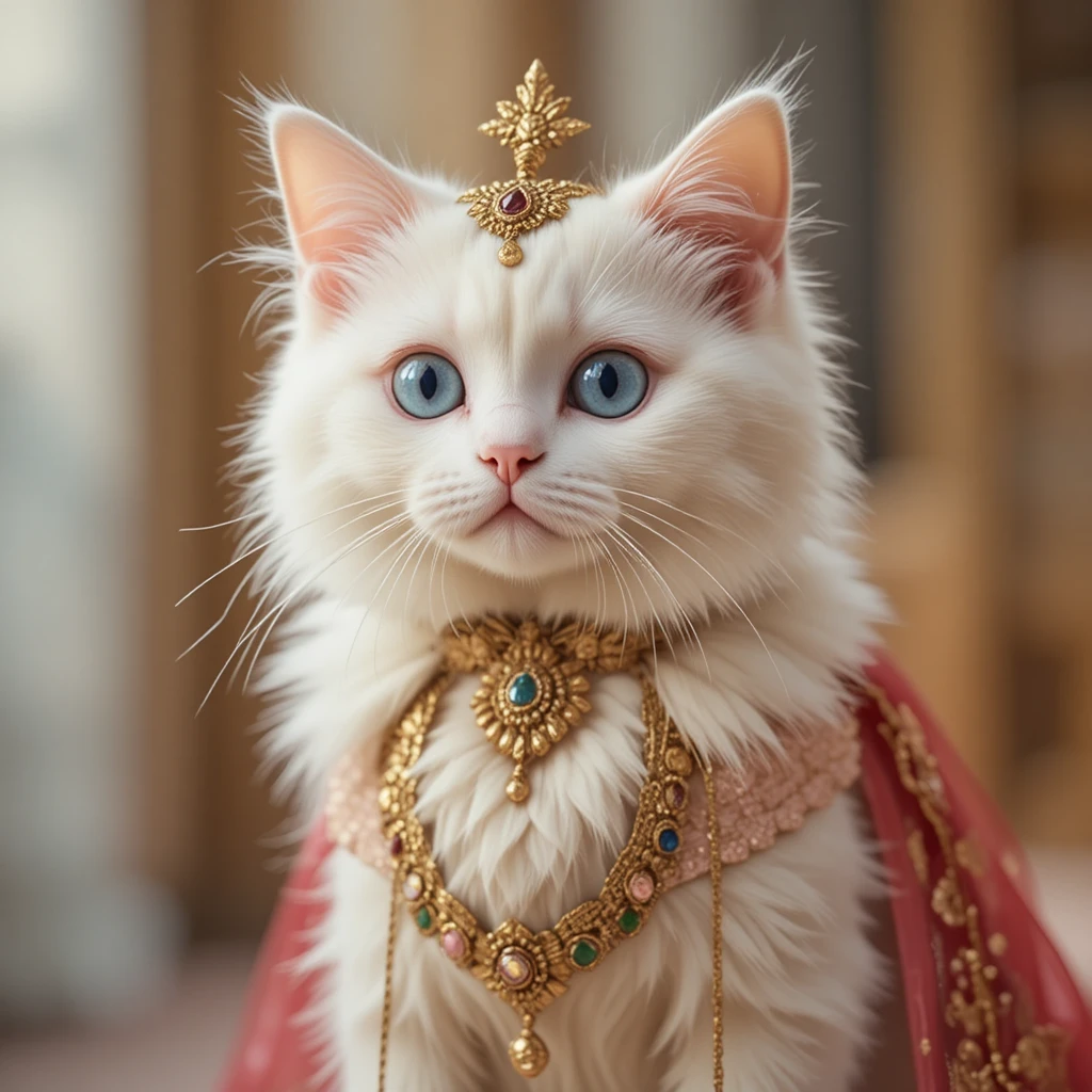 Süße weiße Katze im bunten Lehenga-inspirierten Outfit