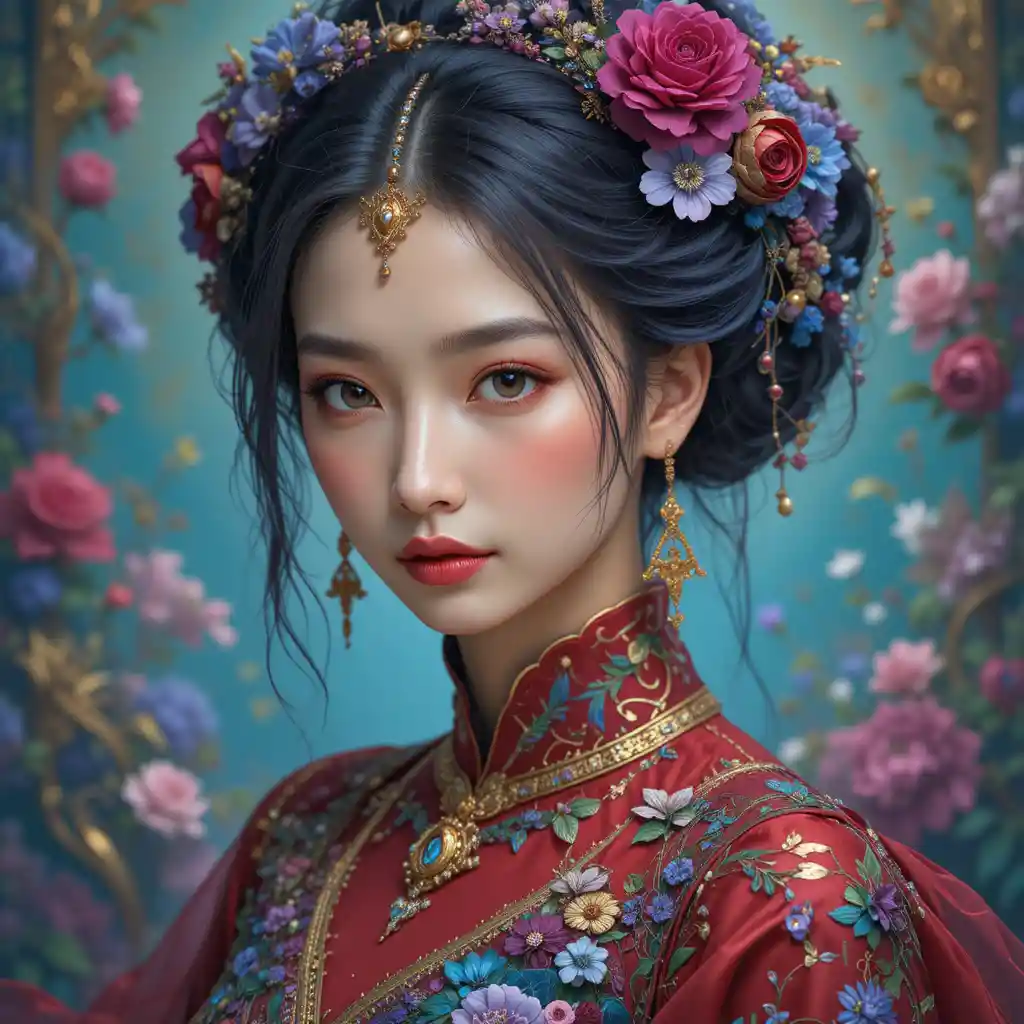 Ethereal Asian girl in jeweled floral fantasy portrait
