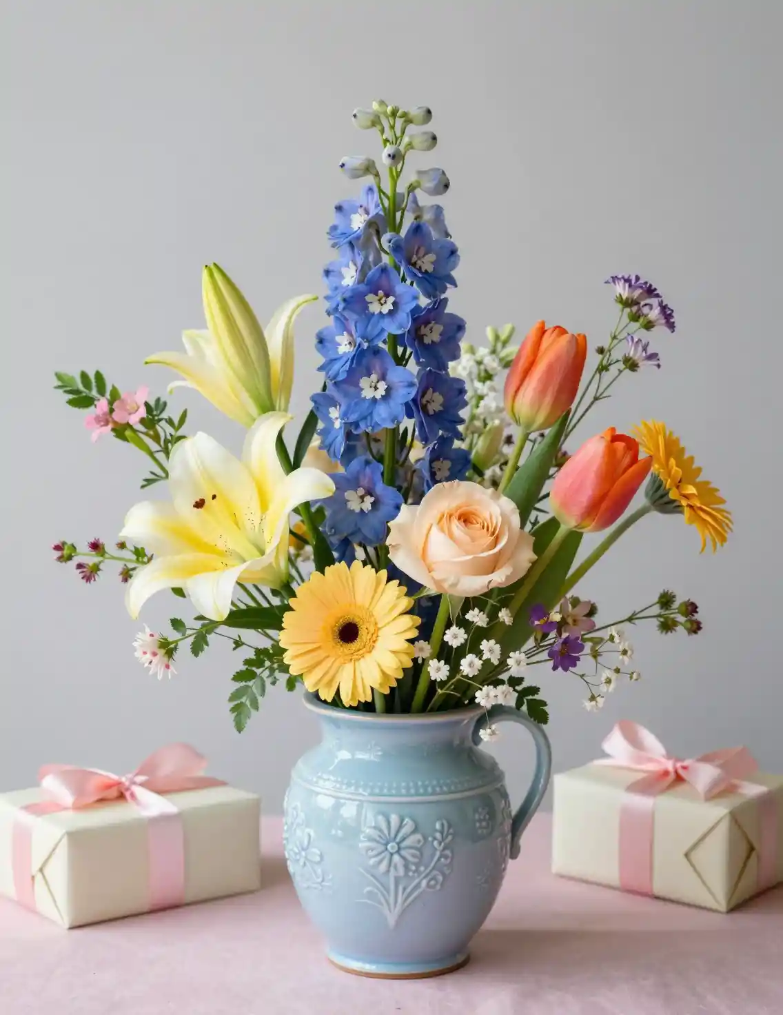 Capullos florales en un jarrón azul con cajas de regalo al lado