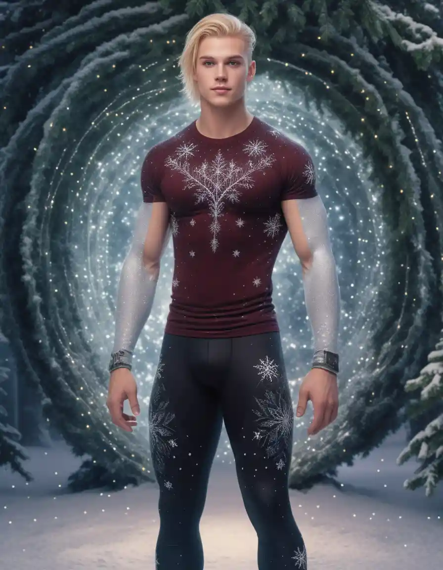 Patineur blond en leggings strassés près du sapin de Noël