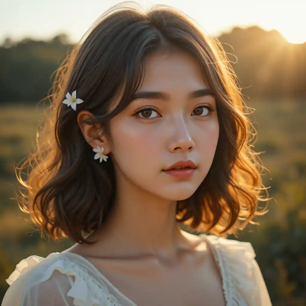Young woman portrait in warm golden hour light