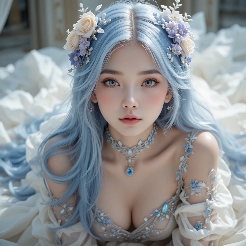 Ragazza eterea dai capelli blu in ritratto di fantasia floreale