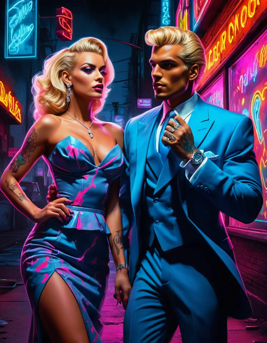 Neon-Pin-up-Modefrau in glamourösem Gala-Kleid