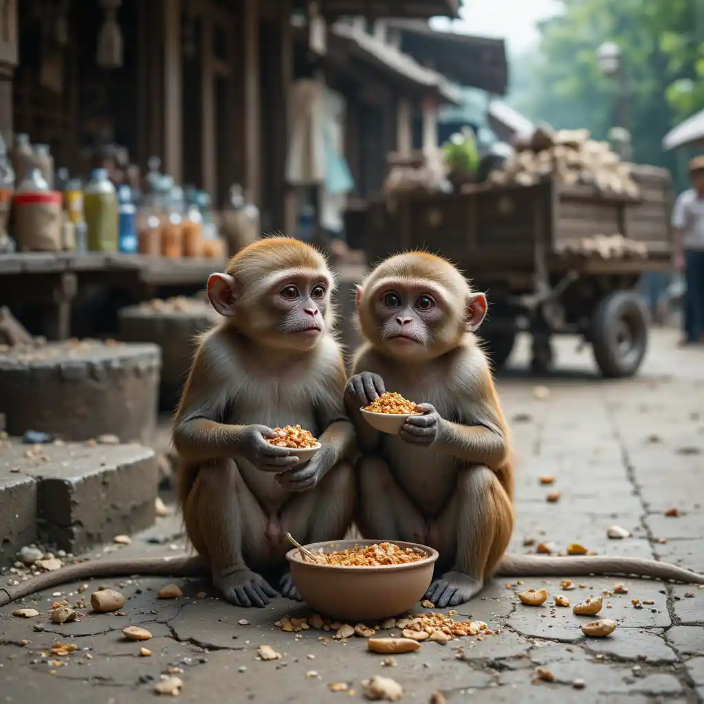 Dois macacos abraçados sob escadas quebradas do mercado