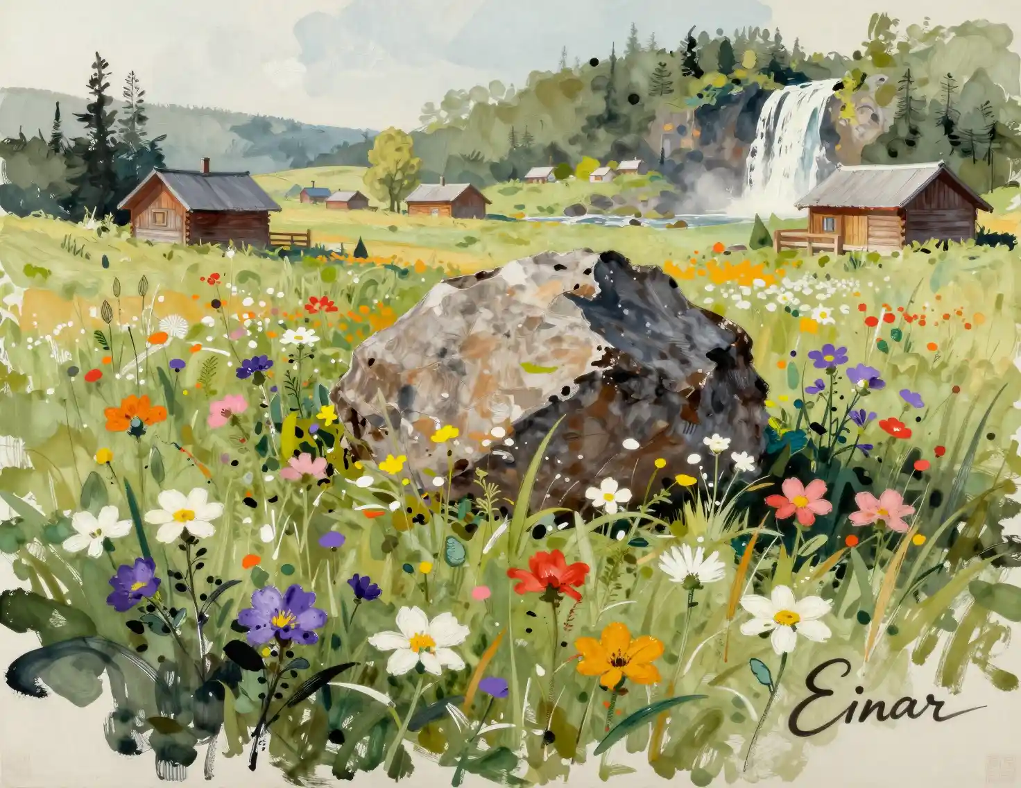 Flower field and distant village with towering central rock